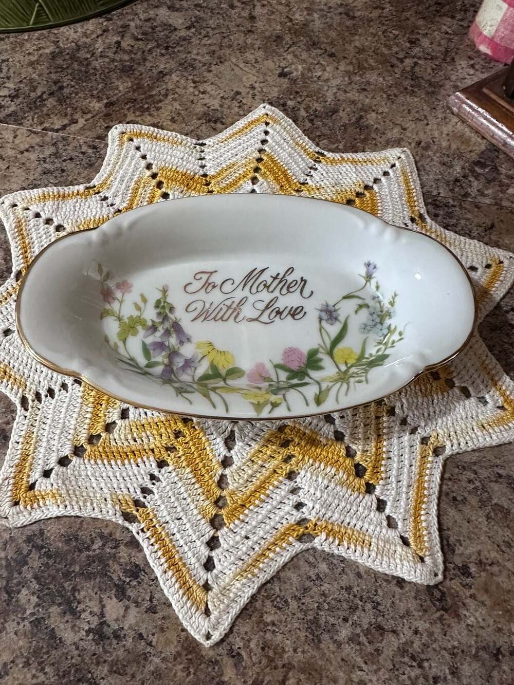 Vintage Japan Porcelain To Mother With Love Oval Trinket Dish Floral